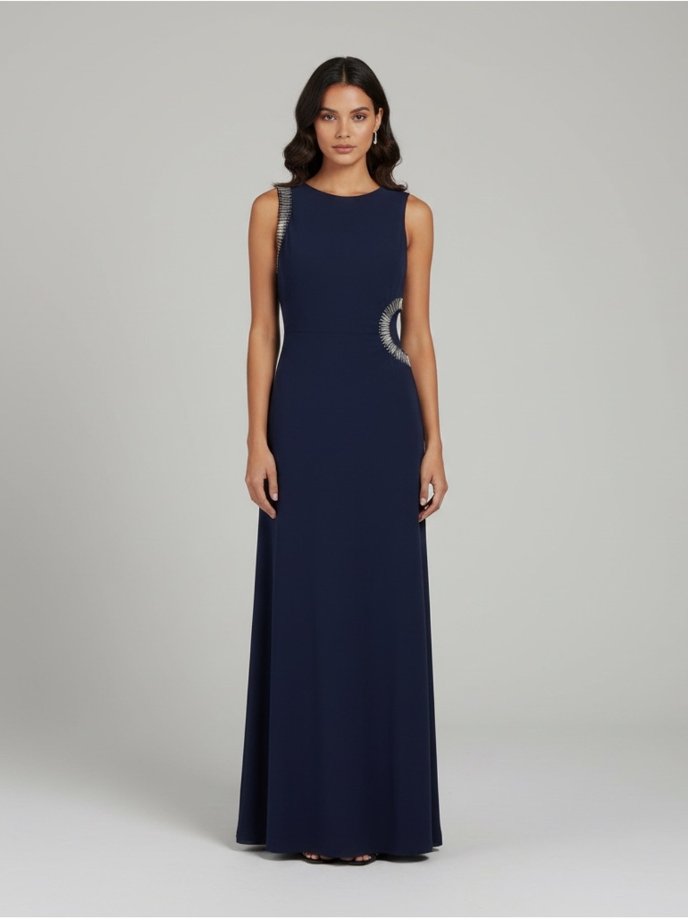 Sleeveless Navy Evening Gown with Side Embellishment Size 6 Formal Wedding Date